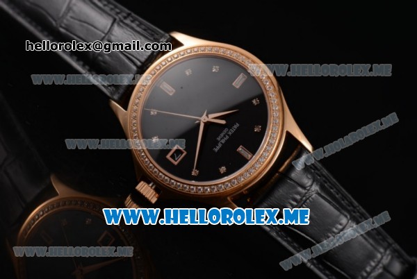 Patek Philippe Calatrava Miyota 9015 Automatic Rose Gold Case with Black Dial Black Leather Strap and Diamonds Markers Diamonds Bezel - Click Image to Close